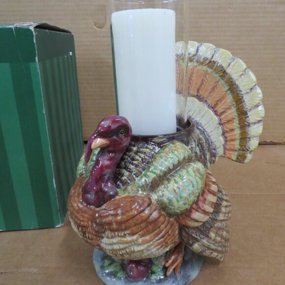 Dept 56 Turkey Large Centerpiece Hurricane Pillar Candle Holder Thanksgiving IOB - Picture 2 of 12